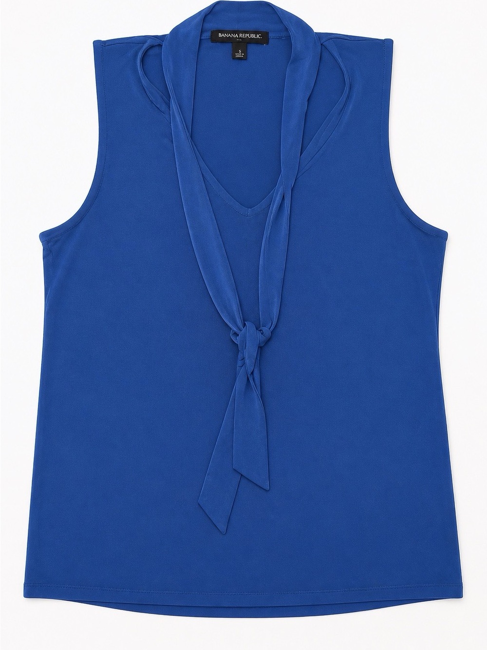 Banana Republic Women’s Blue Knit V-Neck Tie-Neck Sleeveless Stretch Blouse S